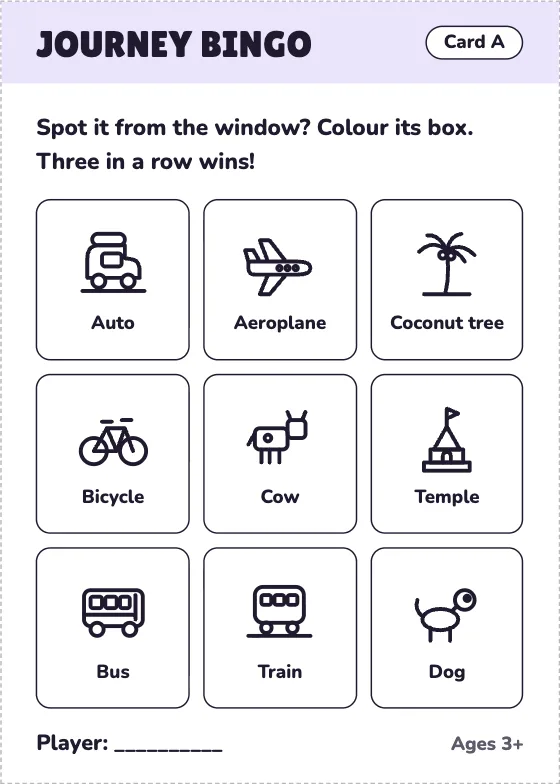 A journey bingo card with nine things to spot from the window