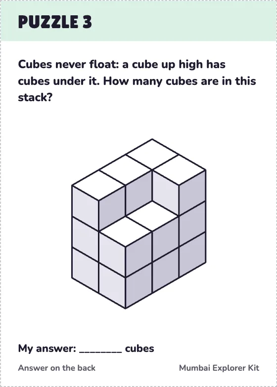 A puzzle card: how many cubes are in the stack?