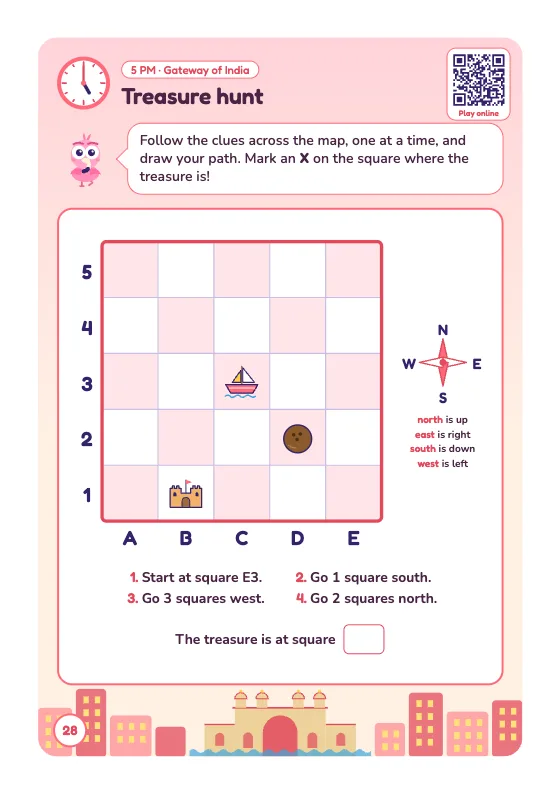 Book page 28: a treasure hunt on a map of the place